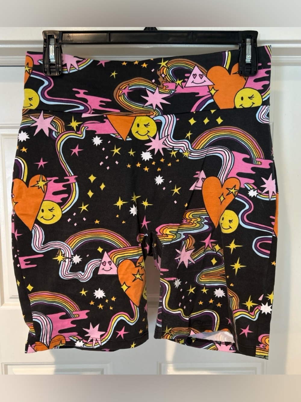 Nooworks Black Bike Shorts with Pink and Orange Retro Rainbow Print